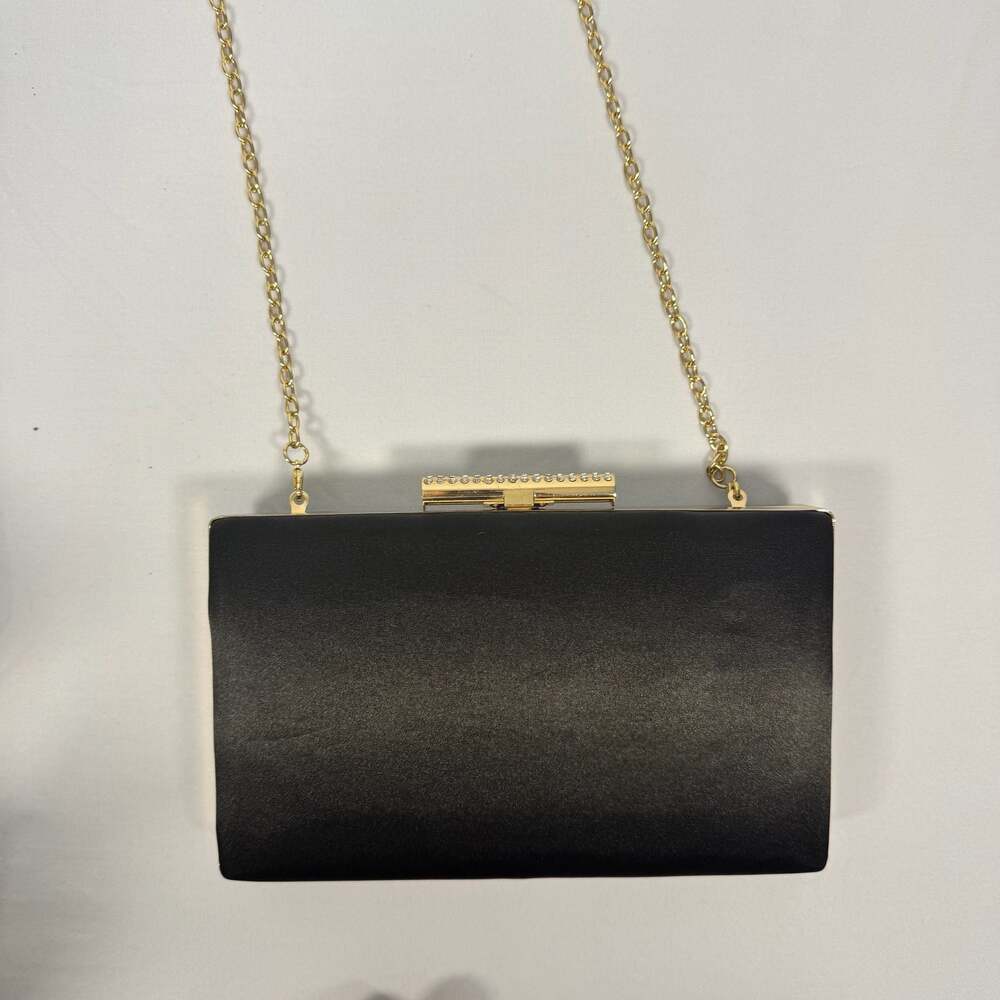 Kate Landry Black Satin Evening Box Clutch with Rhinestone Clasp - Picture 1 of 8